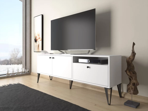 Wood'n Love Atoka 160 Cm Metal Ayaklı Dolaplı, Minifiks Bağlantı Tv Ünitesi - Beyaz / Siyah - 3