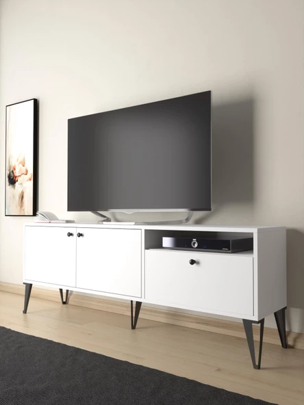 Wood'n Love Atoka 160 Cm Metal Ayaklı Dolaplı, Minifiks Bağlantı Tv Ünitesi - Beyaz / Siyah