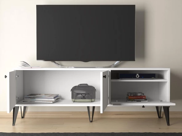 Wood'n Love Atoka 160 Cm Metal Ayaklı Dolaplı, Minifiks Bağlantı Tv Ünitesi - Beyaz / Siyah - 5