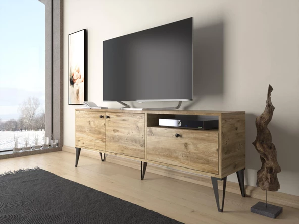 Wood'n Love Atoka 160 Cm Metal Ayaklı Dolaplı, Minifiks Bağlantı Tv Ünitesi - Atlantik Çam / Siyah - 3