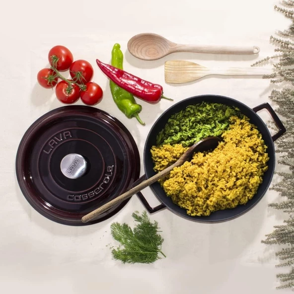 Lava Trendy Premium Serisi Demir Döküm Pilav Basık Yayvan Tencere 28 Cm Majolika Mor - Resim 4