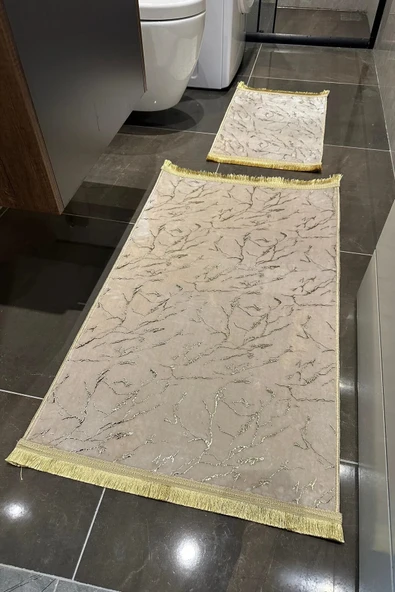 Banset Kaymaz Deri Taban Simli Tavşan Tüyü Post 2li Klozet Takımı, 1.Kalite Banyo Seti-Kreme Gold - 2