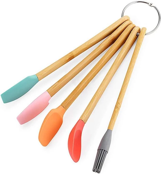 Bambu Silikon Pasta Seti 23 cm Mini Ahşap 5 Parça Yapışmaz Pasta Spatula Seti - 3