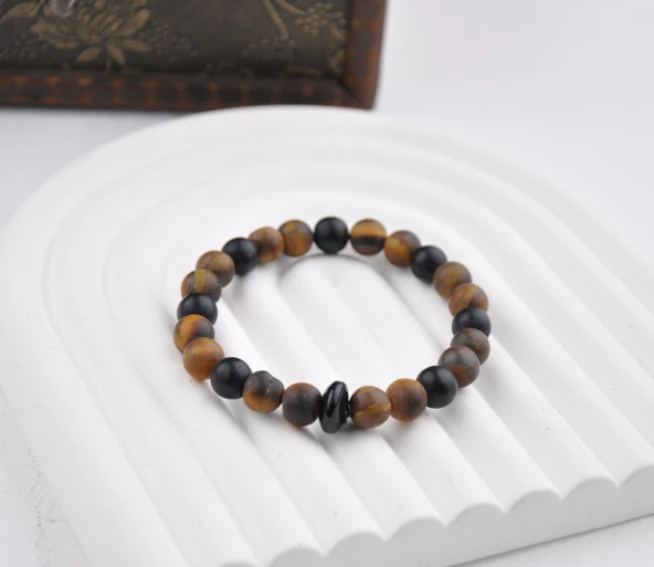 10 MM Zeytin Ağacı-Onix Doğal Taşı Unisex Bileklik - 1