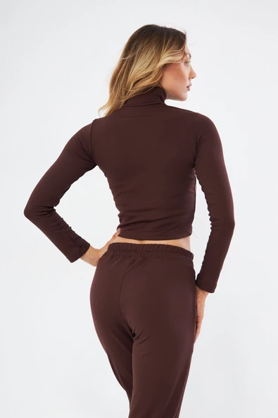 Lesa Wear Fitilli Soft Touch Balıkçı Yaka Bluz Kahverengi - Resim 5