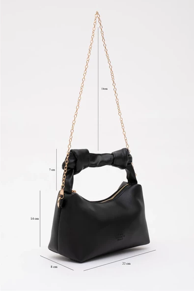 Siyah Shk24 Soft Deri Düğüm Detaylı Zincir Askılı El Ve Omuz Çantası U:14 E:22 G:8 Cm - 2