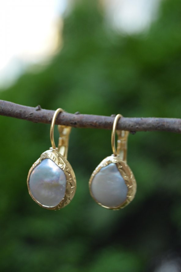 STONEAGE Barok İnci Altın Kaplama Bayan Küpe - Resim 3