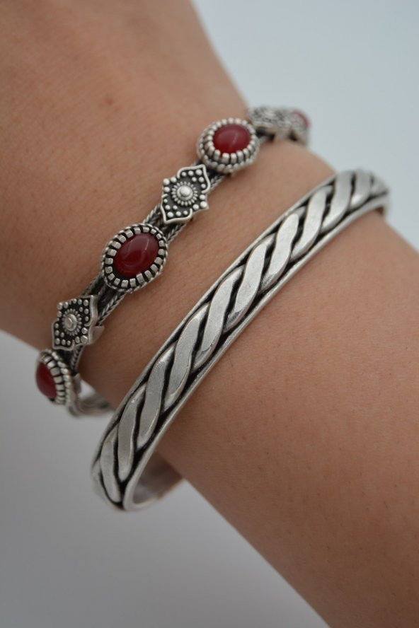STONEAGE Bayan Bordo Bileklik İkili Bohem Antik Gümüş - Resim 2