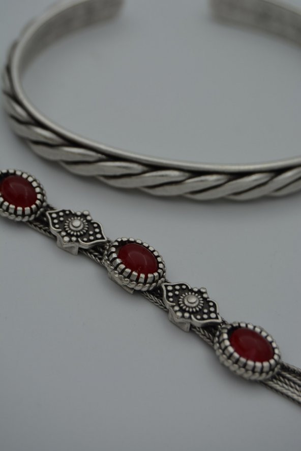 STONEAGE Bayan Bordo Bileklik İkili Bohem Antik Gümüş - Resim 3