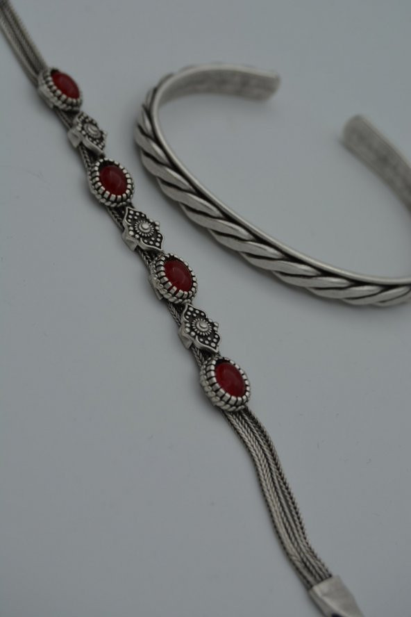 STONEAGE Bayan Bordo Bileklik İkili Bohem Antik Gümüş - Resim 4