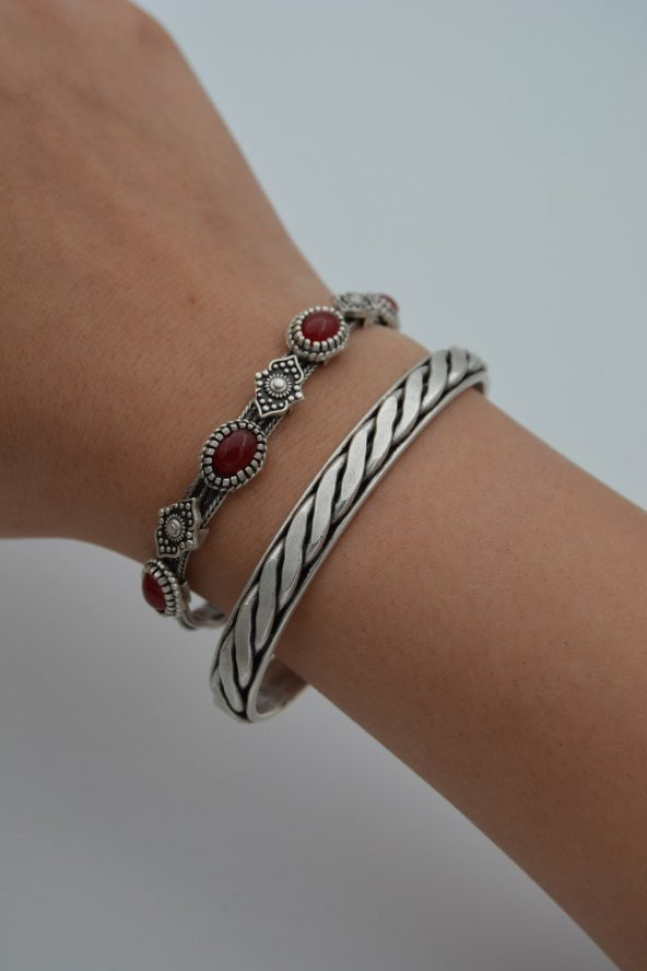 STONEAGE Bayan Bordo Bileklik İkili Bohem Antik Gümüş - Resim 5