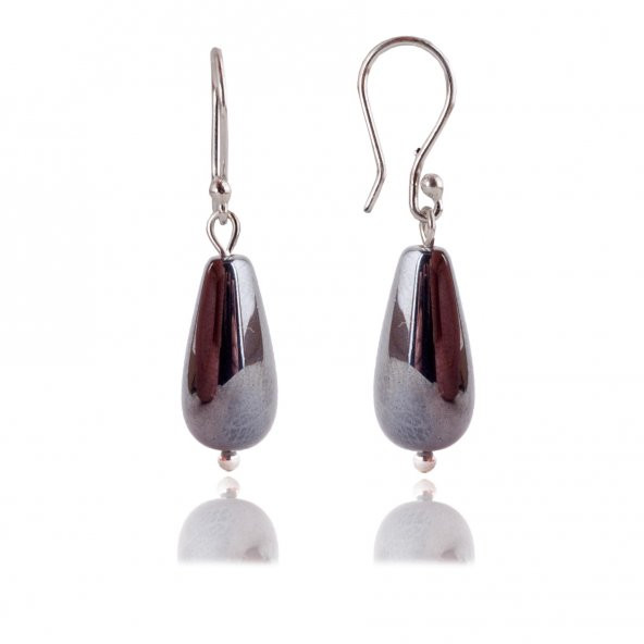 STONEAGE Bayan Gümüş Küpe Gri Hematit Doğal Taş - Resim 2