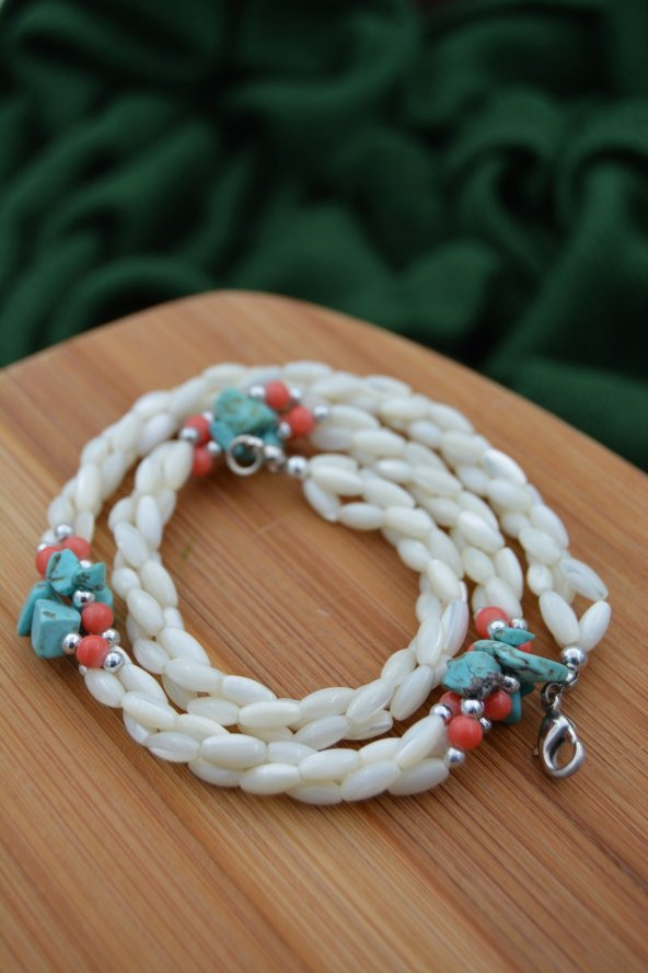 STONEAGE Bayan Kolye Sedef Mercan ve Turkuaz Doğal Taş El Yapımı - Resim 5