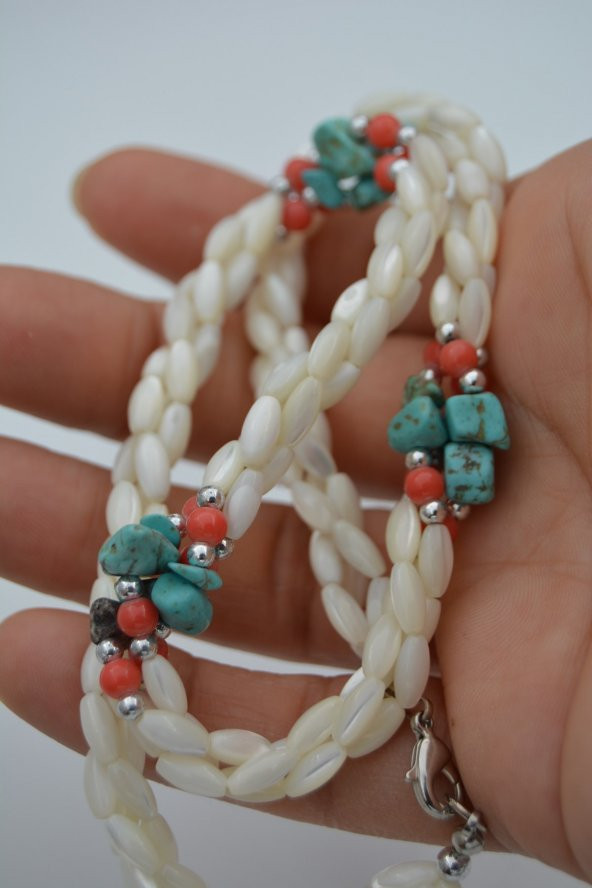 STONEAGE Bayan Kolye Sedef Mercan ve Turkuaz Doğal Taş El Yapımı - Resim 8