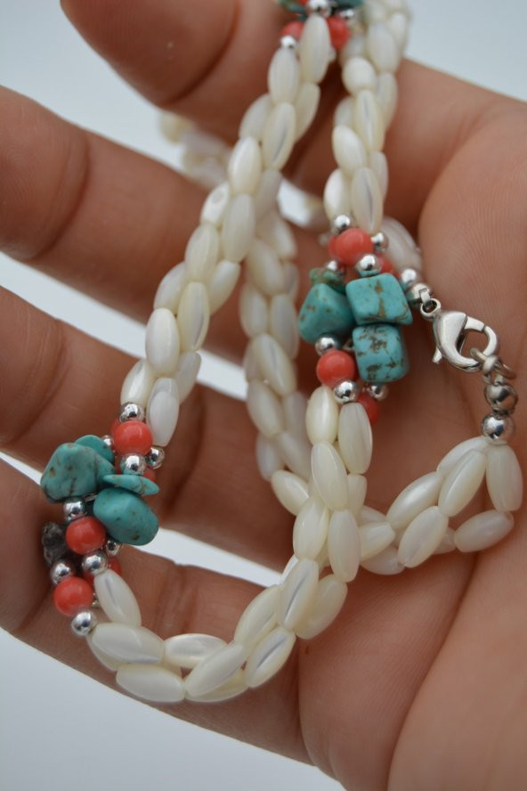 STONEAGE Bayan Kolye Sedef Mercan ve Turkuaz Doğal Taş El Yapımı - Resim 9