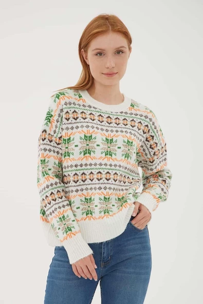 FASHION FRIENDS KADIN DESENLİ CROP KAZAK 23K0140K1