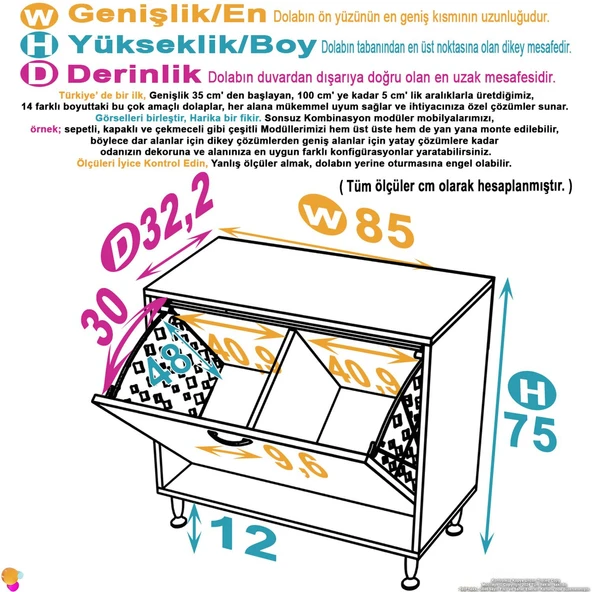 Modilayn SÖKE Banyo İçin Sihirli Kutu 85x75x32,5 cm’ lik 2 Göz Sepet Hazneli Mini Banyo Dolabı - 4