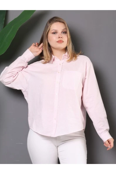 Kadın Oversize Pembe Çizgili Gömlek - Rahat ve Şık Kesim - 4
