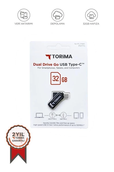 Torima Siyah 32GB Çift Sürücülü USB-TYPE-C OTG