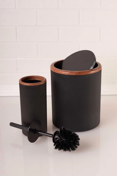 Ahşap Görünümlü Modern 5'li Banyo Seti Çizgili Siyah - Resim 3