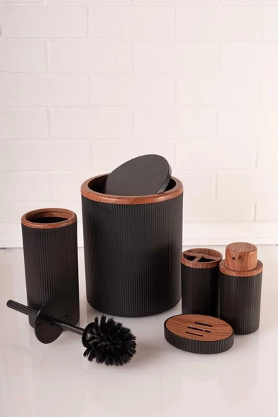 Ahşap Görünümlü Modern 5'li Banyo Seti Çizgili Siyah - Resim 2