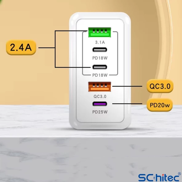 ScHitec 120W 3 Type-C + 2 UsbA Toplam 5 Çıkışlı Ev Tipi Şarj Aleti Set 6A 120W Type-C to Type-C 2Metre Süper Hızlı Data ve Şarj Kablosu SR30 - Resim 5