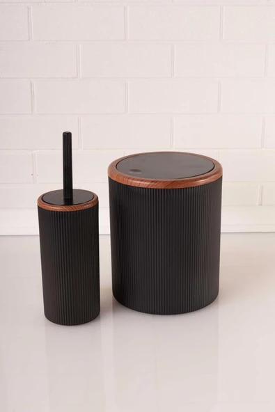 Ahşap Görünümlü Modern 5'li Banyo Seti Çizgili Siyah - Resim 4