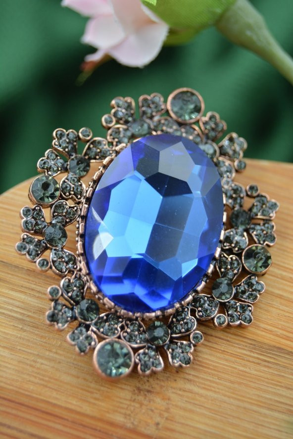 STONEAGE Broş Safir ve Zirkon Taşlı Büyük Boy - 2