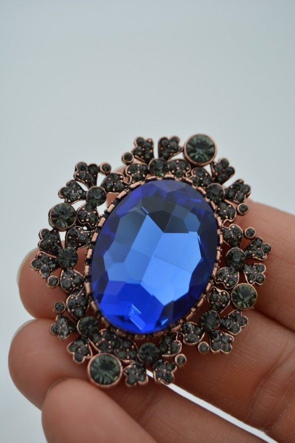 STONEAGE Broş Safir ve Zirkon Taşlı Büyük Boy - 3