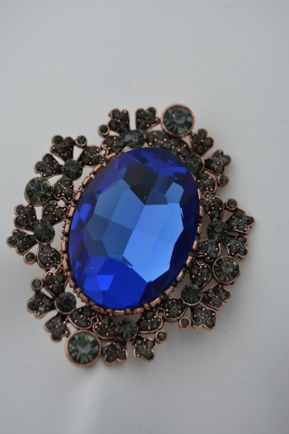 STONEAGE Broş Safir ve Zirkon Taşlı Büyük Boy - 5