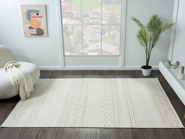 Lotus Plus 08582a Beyaz Halı Bej Kilim Desenli Modern Ince Akrilik Tozuaz Salon Halısı Yatak Odası Özel Ölçü BEYAZ - 2