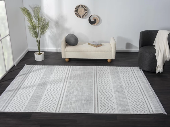 Sümer Sm009a Gri Beyaz Detaylı Halı Iskandinav Desen Dekoratif Modern Tozuyok Antialerjik Özel Ölçü POLY. KEMIK - Resim 2