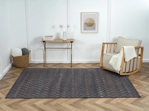 Lenda Ld003a Antrasit Kilim Renkli Detaylı Ince Antialerjik Kaymaz Taban Makinada Yıkanabilir Salon Özel Ölçü ANTRASIT-RENKLI - 2