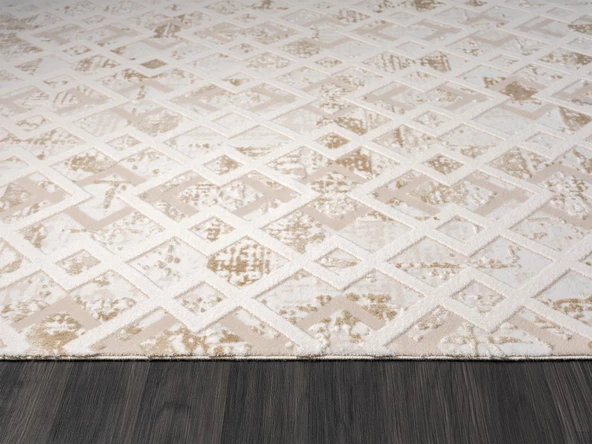 Kaftan Kf008a Bej Halı Kahverengi Detaylı Geometrik Kabartma Desenli Akrilik Halı Tozuaz Özel Ölçü KREM-BEJ - 5