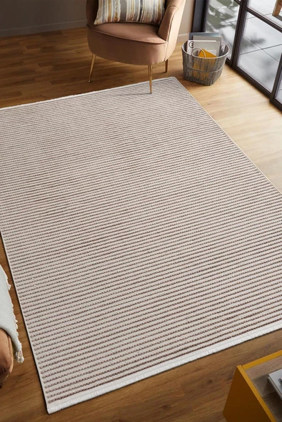 Hena HN003A Beyaz Şönil Kilim Bej Detaylı İnce Yumuşak Tozsuz Kaymaz Taban Makinada Yıkanabilir Halı Özel Ölçü BEJ - 2