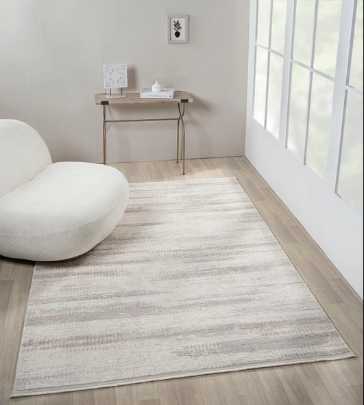 Truva TV036A Krem Rengi Halı Gri ve Bej Detaylı Akrilik Yumuşak Salon Halısı Özel Ölçü KREM-VIZON - Resim 3