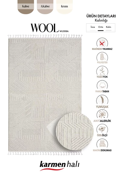 Wool Wl008a Bej Halı Sisal Bukle Dekoratif Kabartmalı Halı Tozsuz Antialerjik Salon Halısı Koridor Özel Ölçü VIZON- BEYAZ - Resim 6