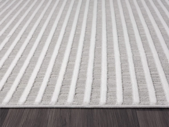 Sümer Sm008a Gri Beyaz Çizgi Desen Halı Dekoratif Modern Tozuyok Antialerjik Salon Halısı Koridor Özel Ölçü POLY. KEMIK - Resim 5