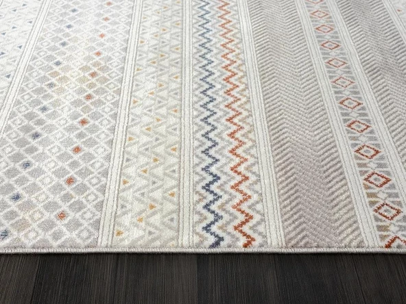 Lotus 8571 Gri Halı Renkli Kilim Desenli Modern İnce Akrilik Tozuaz Salon Oturma Odası Halısı Özel Ölçü RENKLI - Resim 5