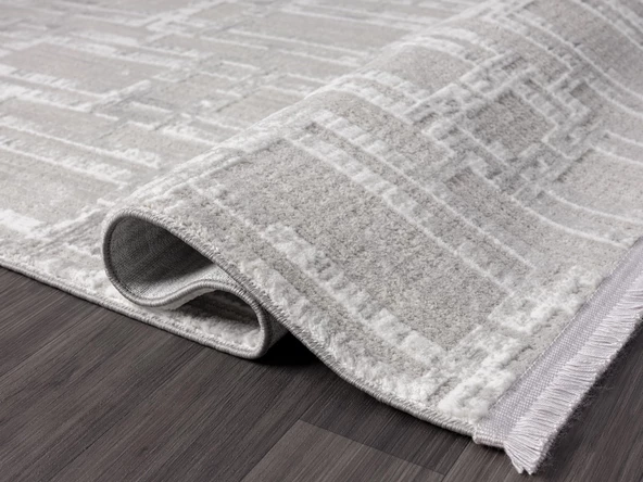 Sümer Sm007a Gri Halı Geometrik Desen Dekoratif Modern Tozuyok Antialerjik Salon Yatak Odası Koridor Özel Ölçü POLY. KEMIK - Resim 4