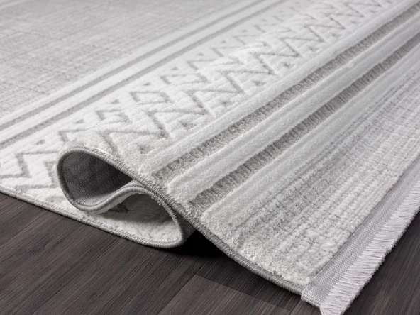 Sümer Sm009a Gri Beyaz Detaylı Halı Iskandinav Desen Dekoratif Modern Tozuyok Antialerjik Özel Ölçü POLY. KEMIK - Resim 4
