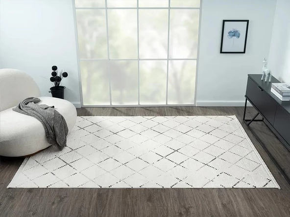 Elegance Eg010a Beyaz Halı Geometrik Detaylı Modern Viskon Doğal Iplik Bambu Halı Tozu Az Salon Halı Özel Ölçü GRI - 2