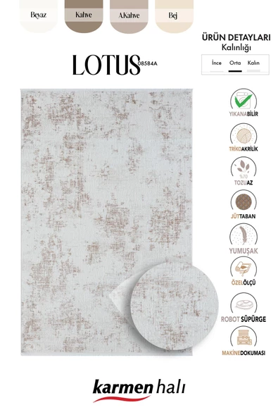 Lotus Plus 08584a Beyaz Halı Kahverengi Detaylı Ince Akrilik Tozuaz Salon Halısı Yatak Odası Koridor Özel Ölçü BEYAZ - 6