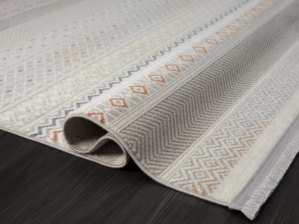 Lotus 8571 Gri Halı Renkli Kilim Desenli Modern İnce Akrilik Tozuaz Salon Oturma Odası Halısı Özel Ölçü RENKLI - Resim 4