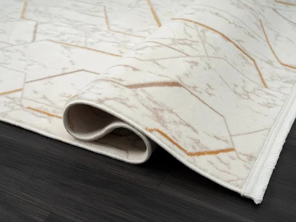 Lotus Plus 08581a Beyaz Halı Bej Abstract Detaylı Modern Ince Akrilik Tozuaz Salon Halısı Koridor Özel Ölçü BEYAZ - Resim 4