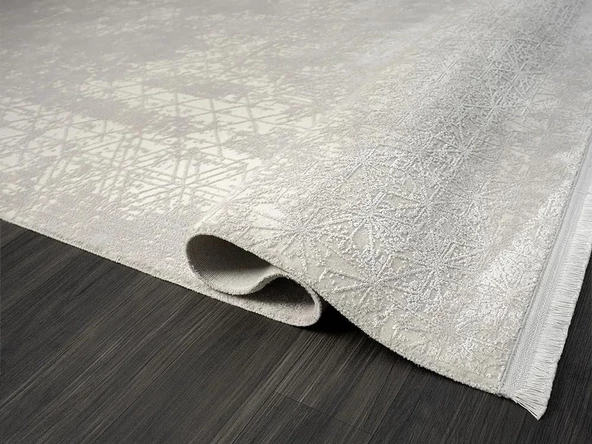 Elegance Eg014a Beyaz Halı Sedef Geometrik Detaylı Modern Viskon Doğal Iplik Bambu Halı Tozu Az Özel Ölçü GRI-BEYAZ - Resim 4