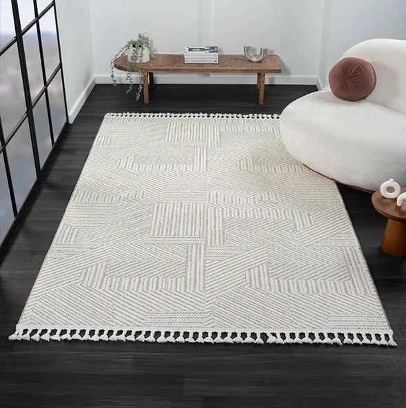 Wool Wl008a Bej Halı Sisal Bukle Dekoratif Kabartmalı Halı Tozsuz Antialerjik Salon Halısı Koridor Özel Ölçü VIZON- BEYAZ - Resim 3