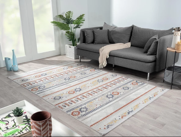 Lotus 8565 Gri Halı Renkli Kilim Desenli Modern Ince Akrilik Tozuaz Salon Halısı Yatak Odası Koridor Özel Ölçü RENKLI - 3