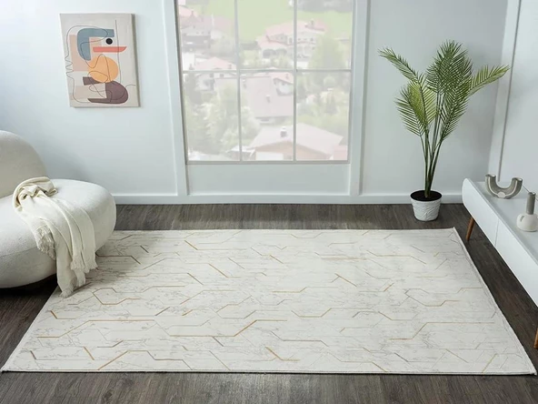 Lotus Plus 08581a Beyaz Halı Bej Abstract Detaylı Modern Ince Akrilik Tozuaz Salon Halısı Koridor Özel Ölçü BEYAZ - Resim 2