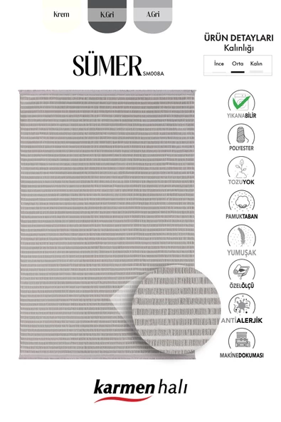 Sümer Sm008a Gri Beyaz Çizgi Desen Halı Dekoratif Modern Tozuyok Antialerjik Salon Halısı Koridor Özel Ölçü POLY. KEMIK - Resim 6